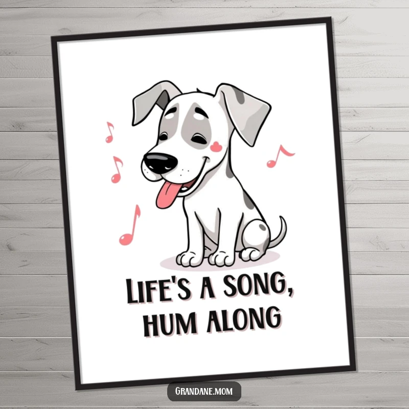 Funny Free Printable Wall Art: Great Dane serenely wearing a musical note, humming a soft, joyful tune, ready to fill your space with peace.