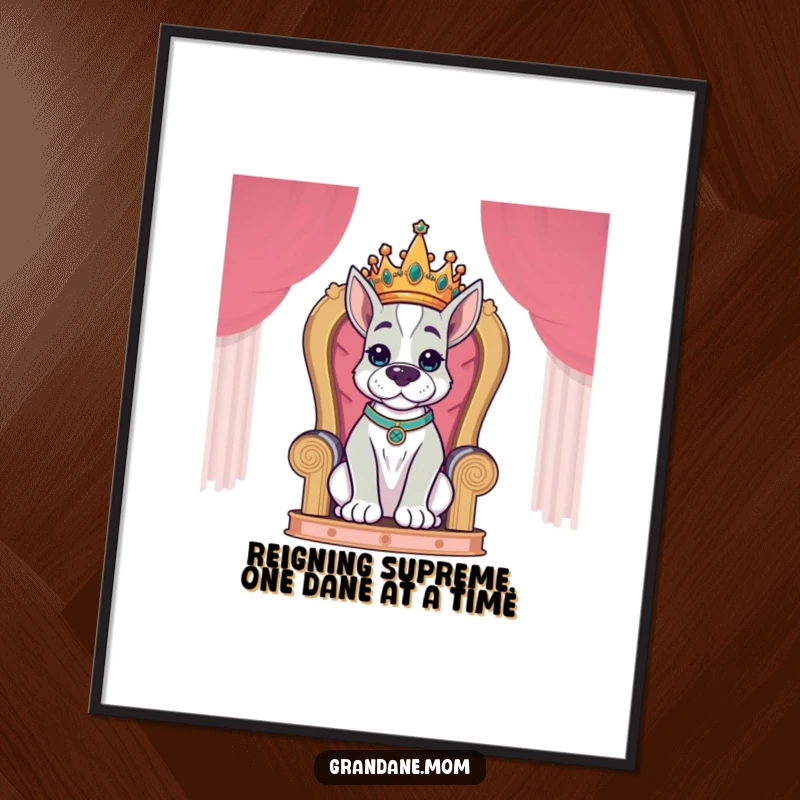 Funny Free Printable Wall Art: A regal Grand Dane dog wearing a crown sits proudly on an ornate throne.