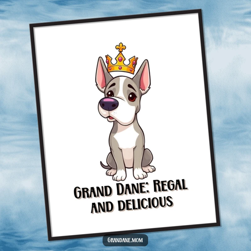 Funny free printable Grand Dane wall art, a large dog wearing a tiny crown, striking an undeniably majestic pose, royal canine.