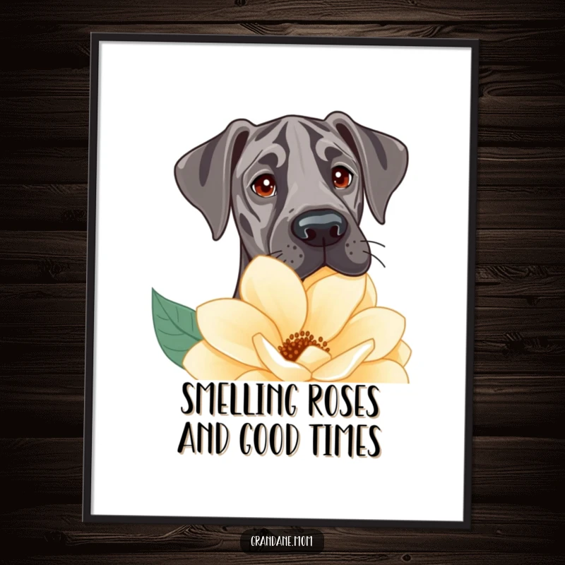 Funny Free Printable Wall Art: A Great Dane with sweet, curious eyes peeking gently over the top of a large, colorful flower.