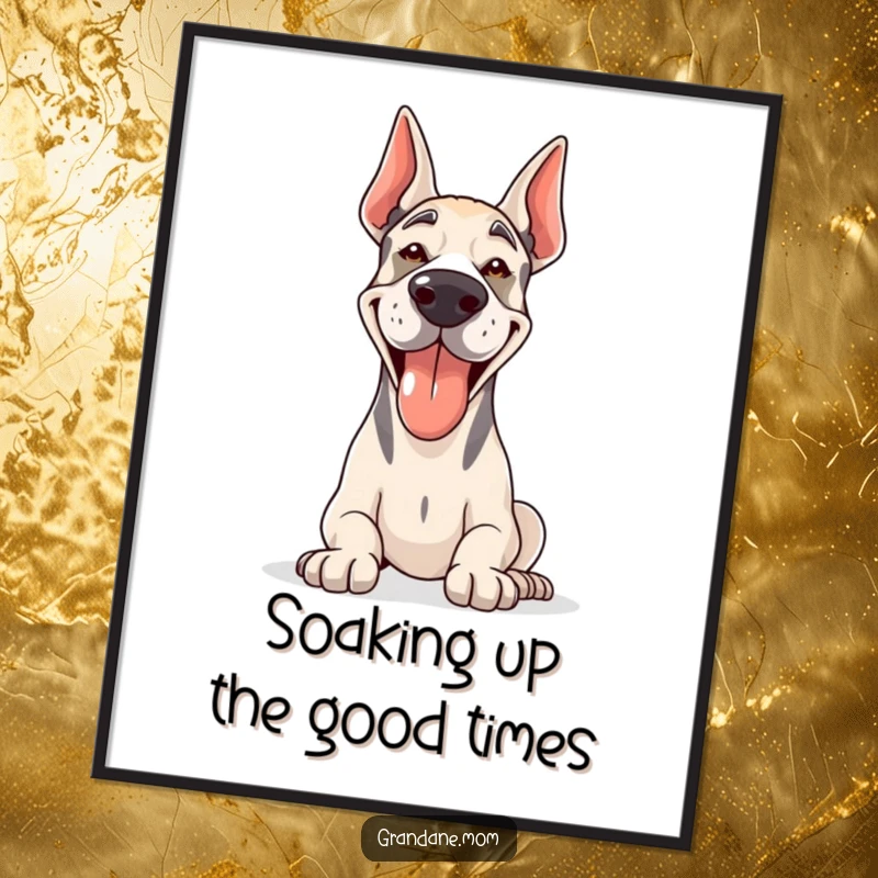 Funny Free Printable Wall Art of a Grand Dane panting happily, soaking up the sunshine with a joyous expression.