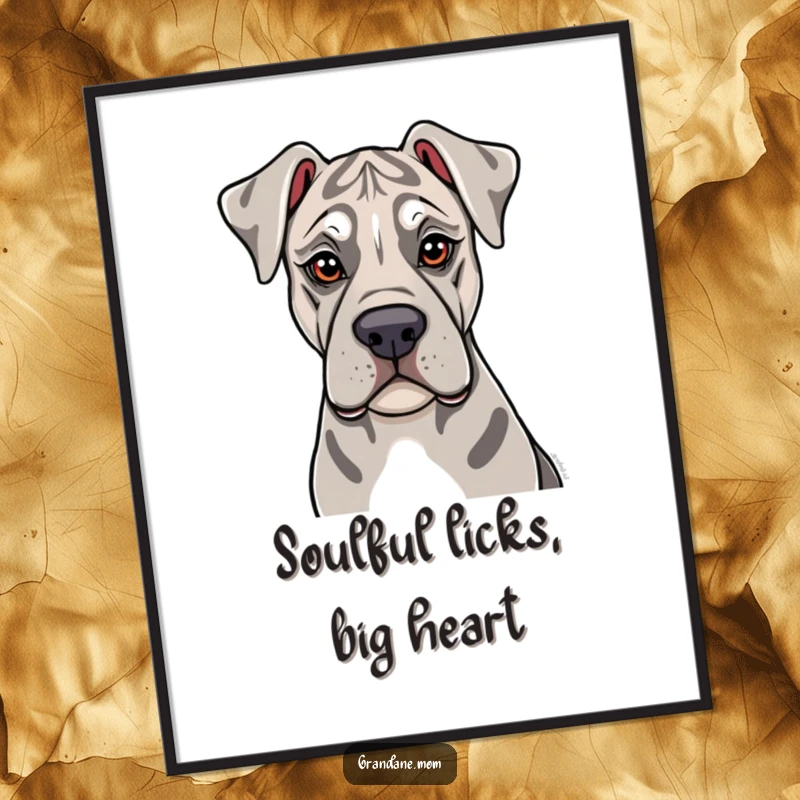 Funny Free Printable Wall Art depicting a Grand Dane dog with soulful eyes giving a gentle, loving lick.