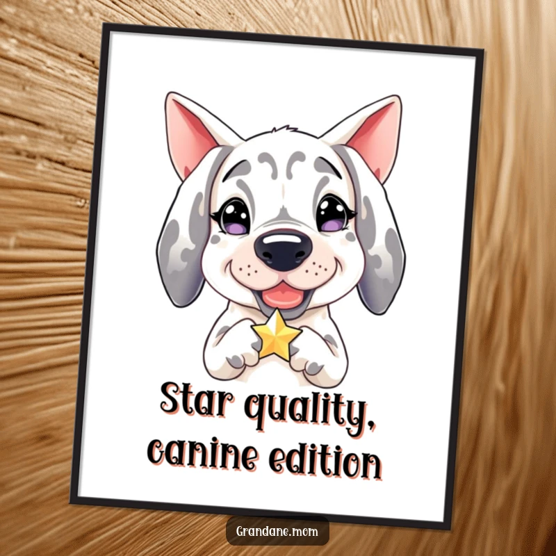 Funny Free Printable Wall Art: Whimsical Grand Dane with a happy glint holds a tiny, sparkling star.