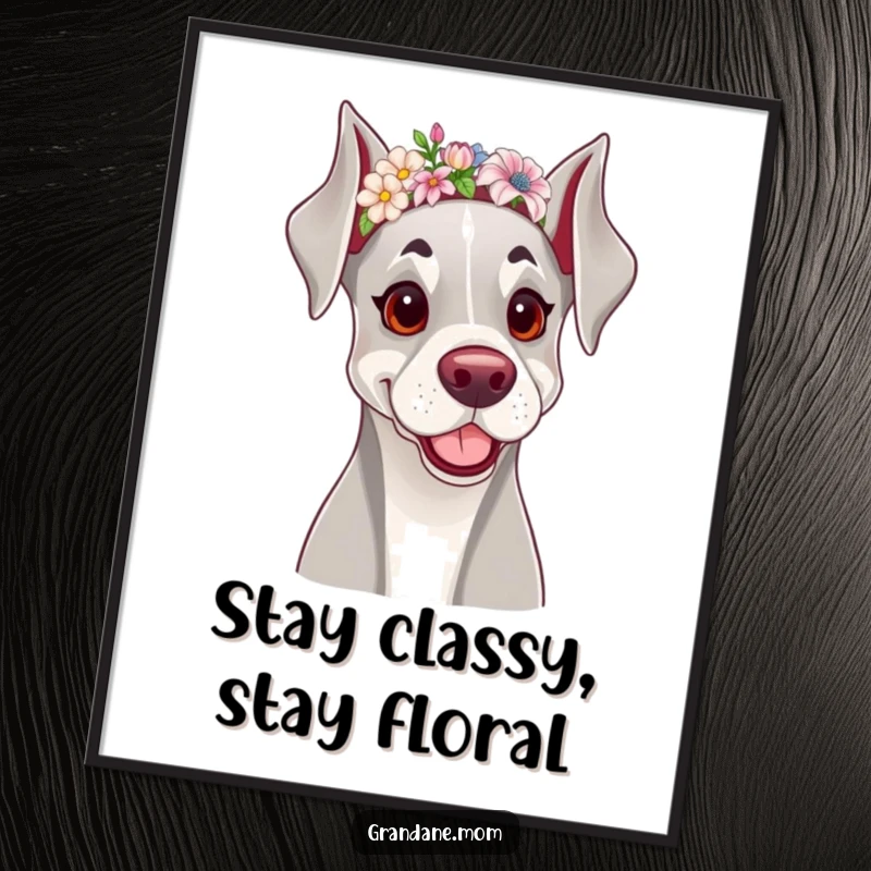 Funny free printable wall art of a cheerful Grand Dane wearing a dainty floral headband, looking absolutely charming and elegant.