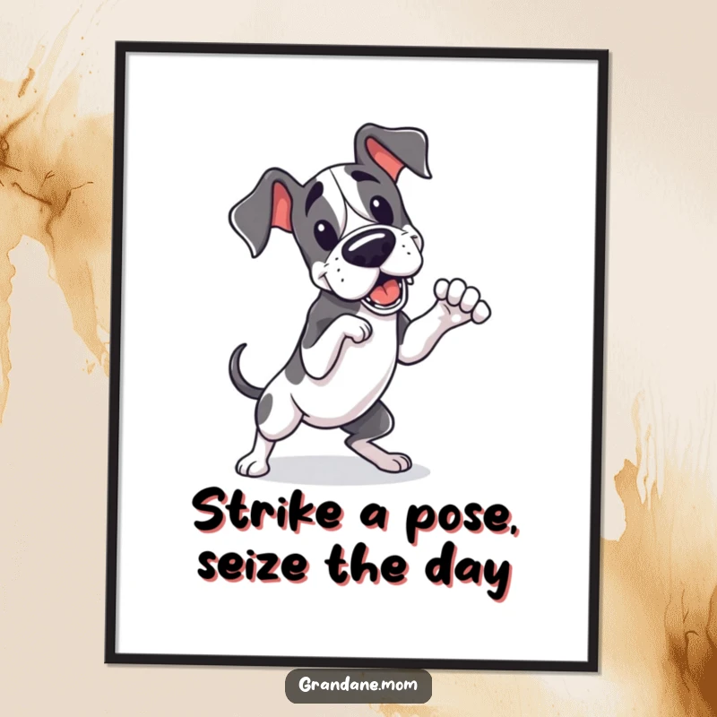 Funny Free Printable Wall Art: A cute Kawaii Great Dane character striking a playful, dramatic, and eye-catching pose with charm.