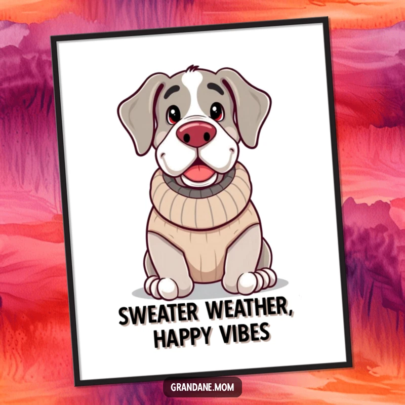 Funny Free Printable Wall Art: A jolly Grand Dane, dressed in a soft knitted sweater, looks incredibly cozy, exuding warmth and comfort.