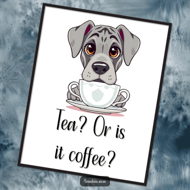 Funny Free Printable Grand Dane Wall Art: Dog with large questioning eyes peeking over a teacup, whimsical downloadable art.