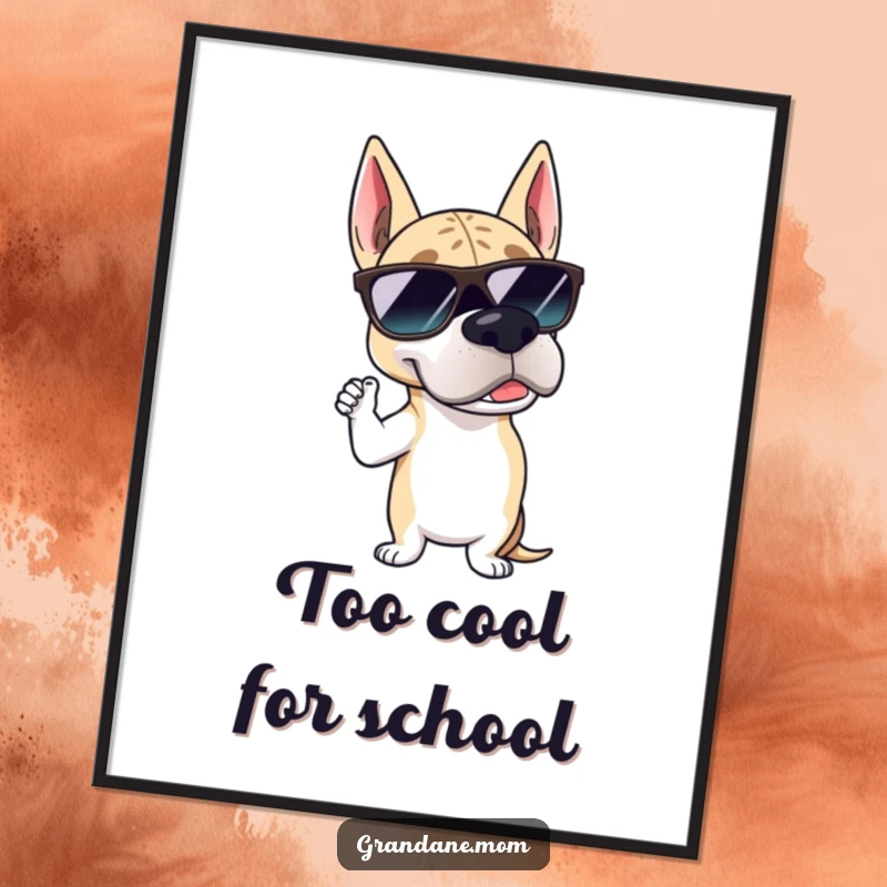 Funny Free Printable Wall Art: Grand Dane dog wearing stylish sunglasses, striking a suave and confident pose, perfect for a cool vibe.