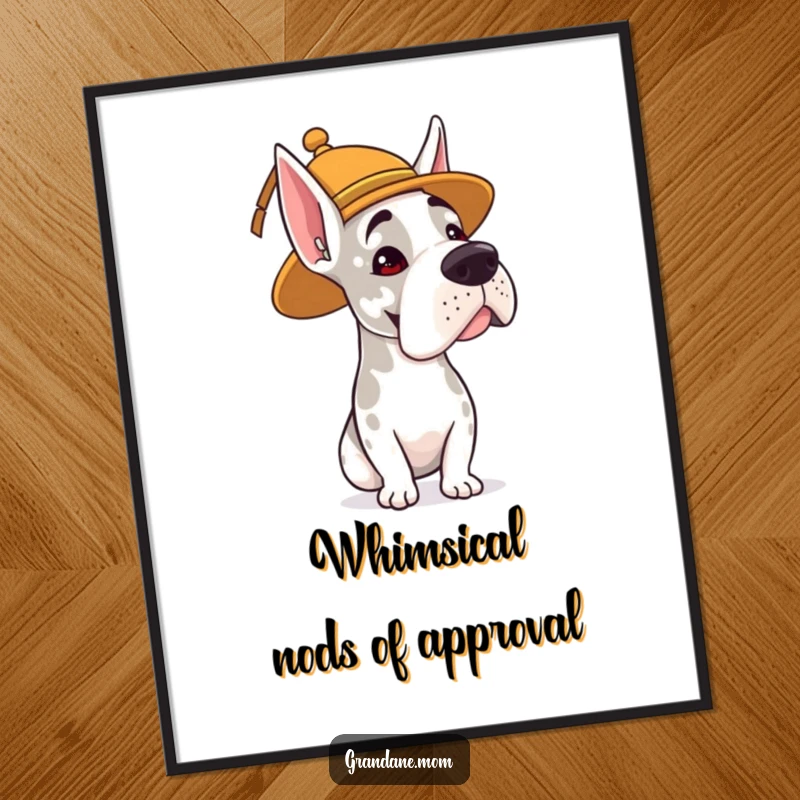 Funny Free Printable Wall Art: A Grand Dane in a playful, whimsical hat, giving a distinguished head nod.