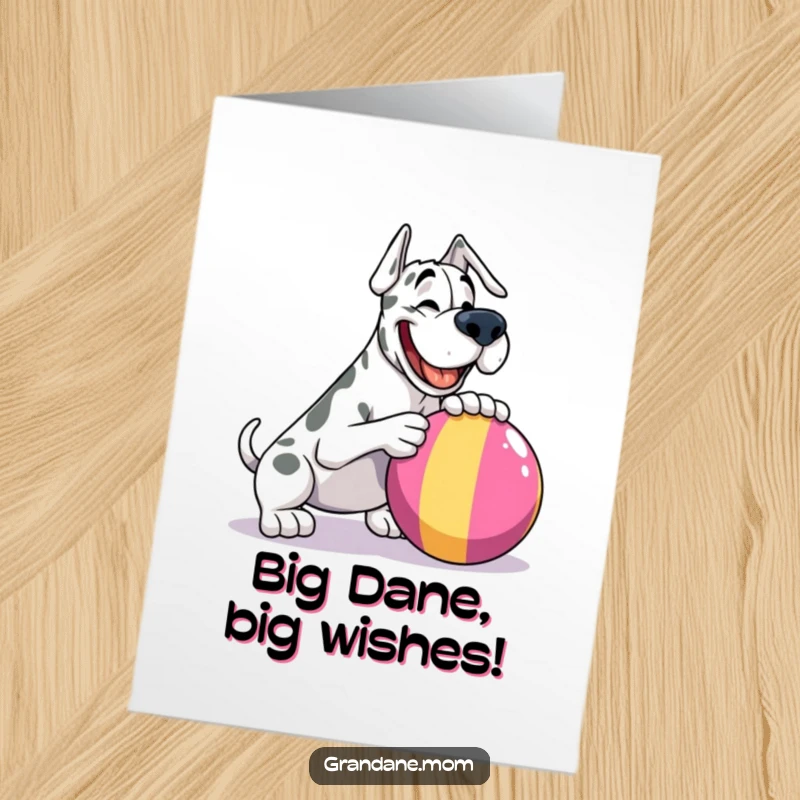 Funny Free Printable Birthday Card: Happy Grand Dane playfully nudging a giant ball, ready for fun.