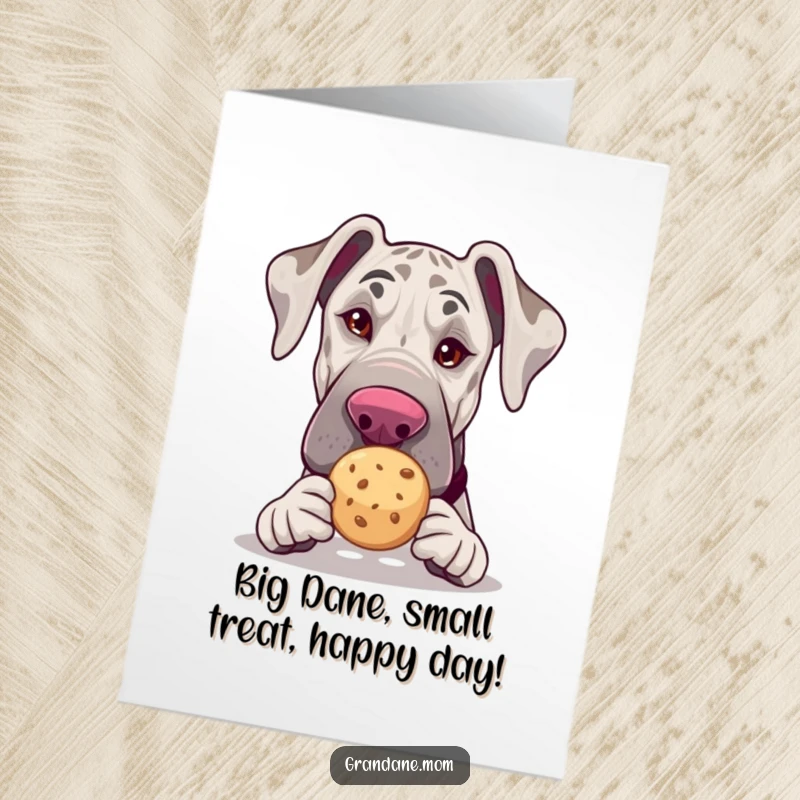 Funny Free Printable Birthday Card: A Grand Dane winks playfully while offering a delicious tea cookie, wishing Happy Birthday.