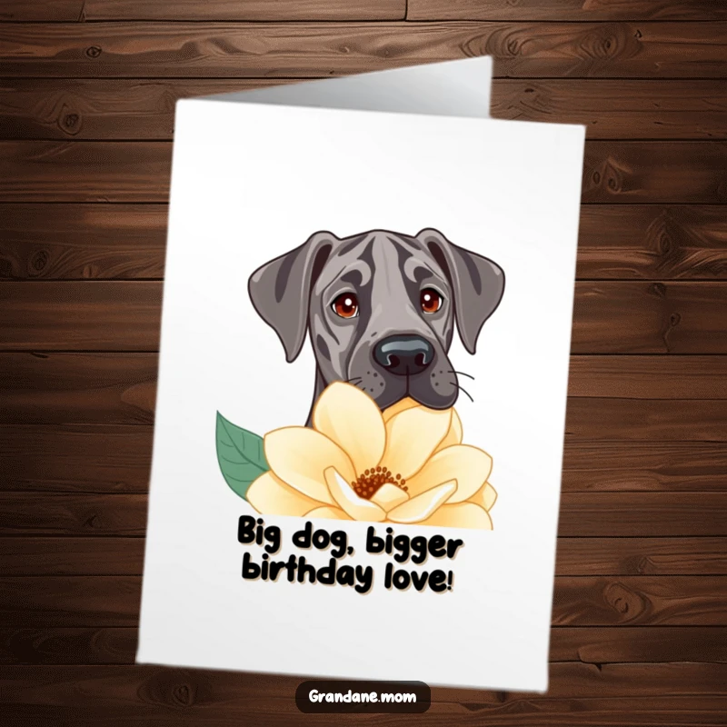 Funny Free Printable Birthday Card: Gentle Great Dane with soft eyes curiously peeking over a giant, colorful flower.