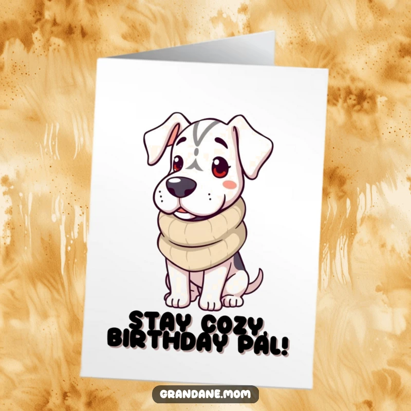 Funny Free Printable Grand Dane Birthday Card: A Grand Dane in a cozy scarf, radiating warmth and birthday joy.