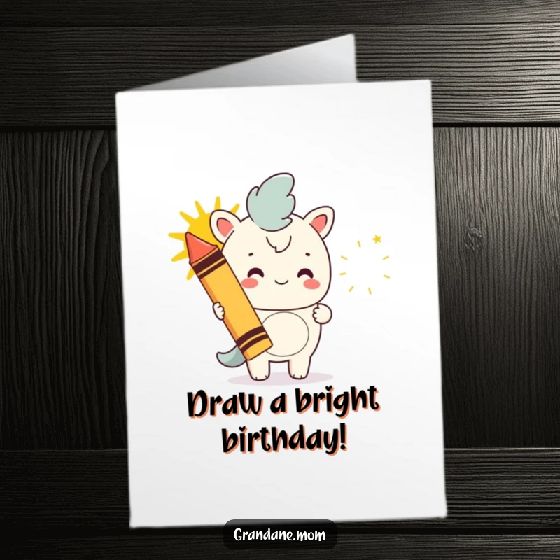 Funny Free Printable Birthday Card: Daniff holding giant crayon drawing a happy sun, spreading birthday cheer.