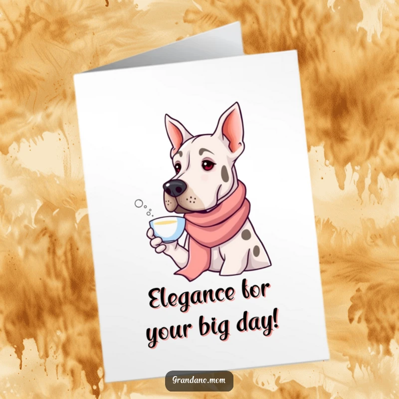 Funny Free Printable Grand Dane Birthday Card: Elegant dog in silk scarf enjoying tea with a posh expression.