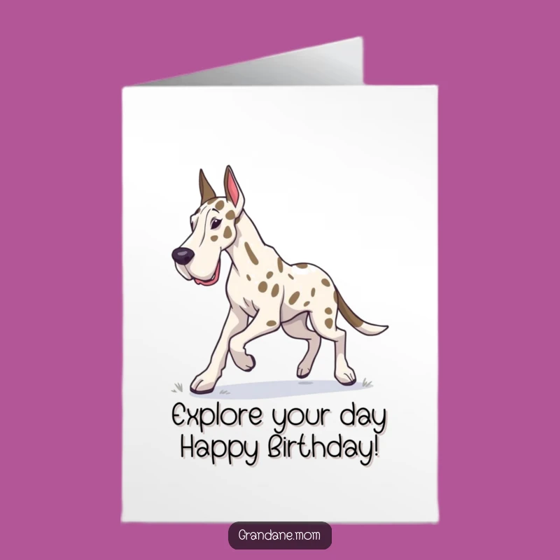 Free Printable Grand Dane Birthday Card: Determined Dog, Funny Downloadable Gift for Explorers