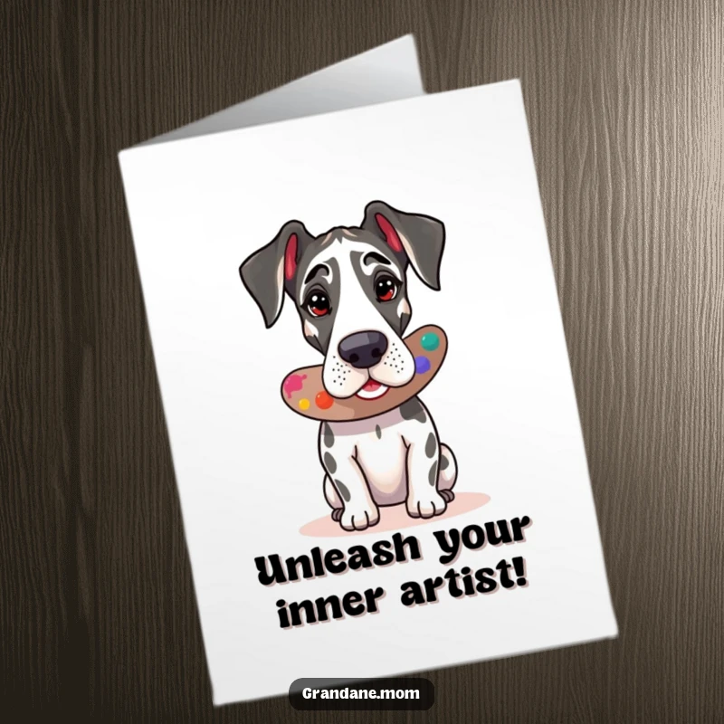 Funny Free Printable Birthday Card: Great Dane with a paint palette, creating colorful abstract art, celebrating with creativity.