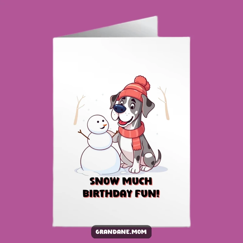 Free Printable Birthday Card: Excited Great Dane Snowman Building Funny Dog Downloadable