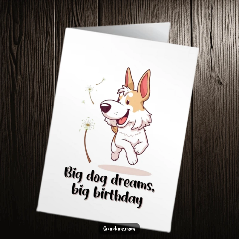 Funny Free Printable Birthday Card: Giant Grand Dane joyfully leaping to catch a floating dandelion seed in a grassy field.