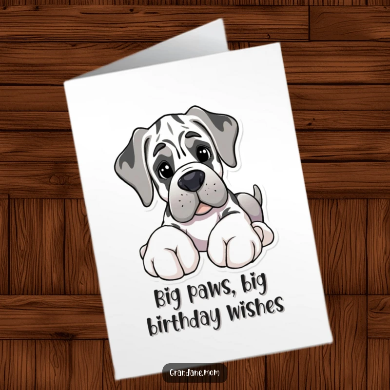 Free Printable Birthday Card: A Grand Dane with enormous paws gently offers a soft toy for playtime.