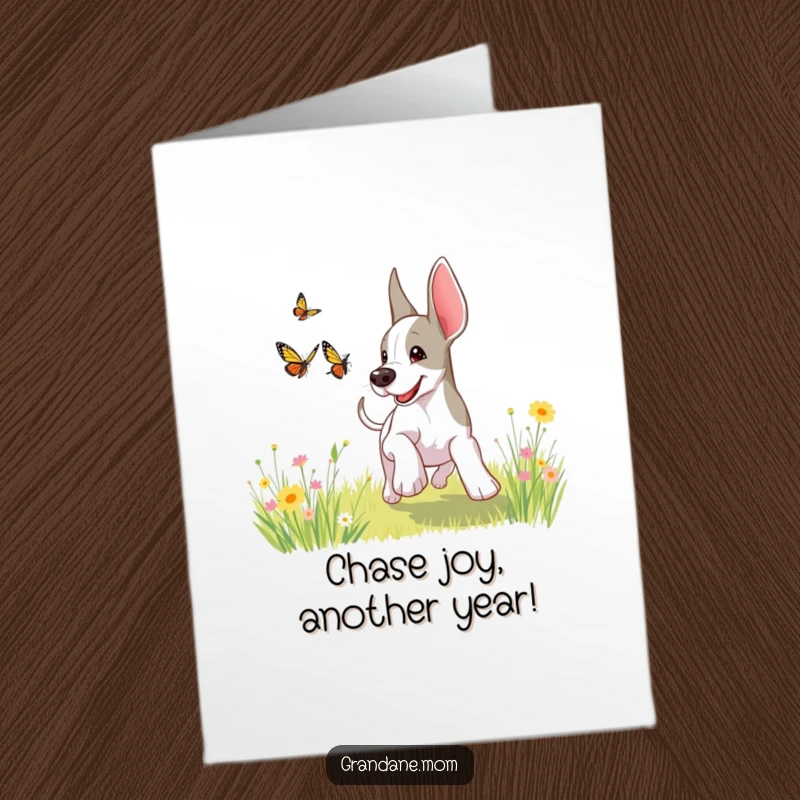 Funny Free Printable Birthday Card: A playful Grand Dane joyfully chases a butterfly through a bright, sunny meadow, capturing pure delight.