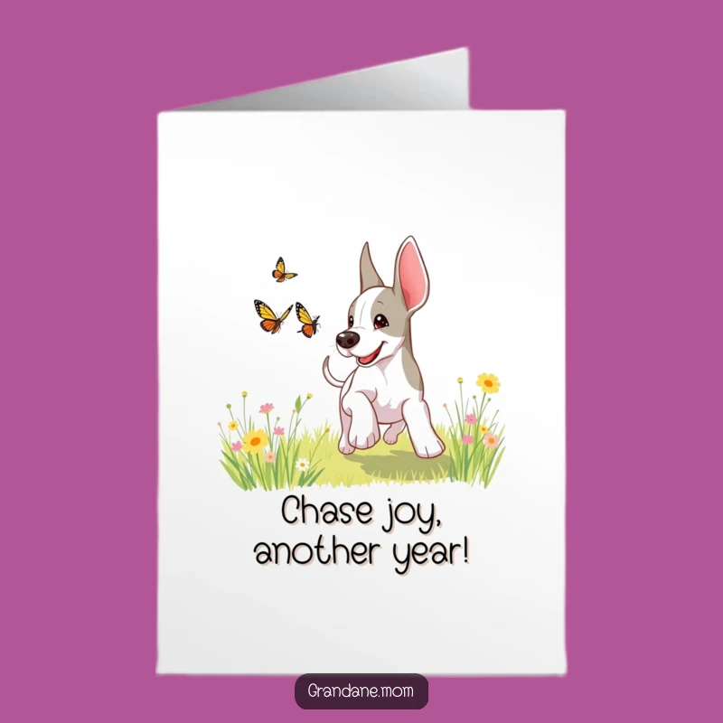 Free Printable Birthday Card: Playful Grand Dane Butterfly Chase, Fun Downloadable Gift
