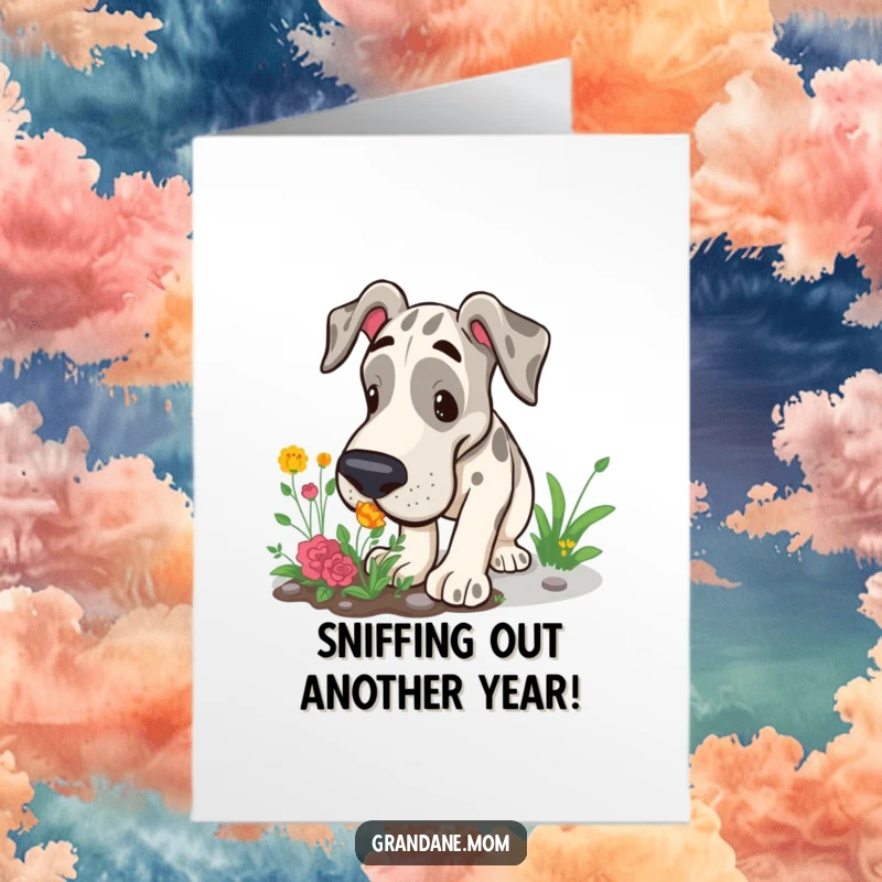 Funny Free Printable Birthday Card: A curious Grand Dane snuffles intently at a small patch of garden.