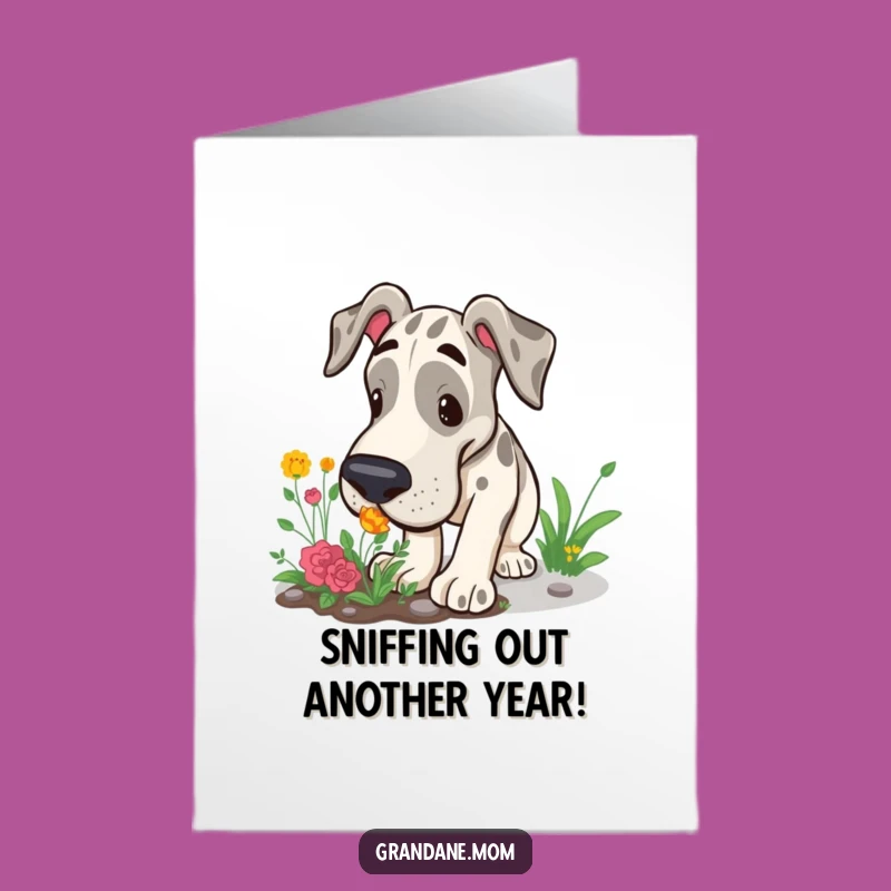 Free Printable Funny Birthday Card: Curious Grand Dane Garden, Downloadable Gift