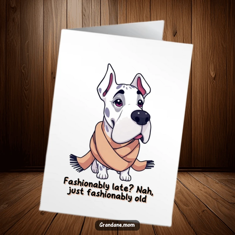 Funny Free Printable Birthday Card: A very fashionable Grand Dane sports a chic, oversized scarf with flair.