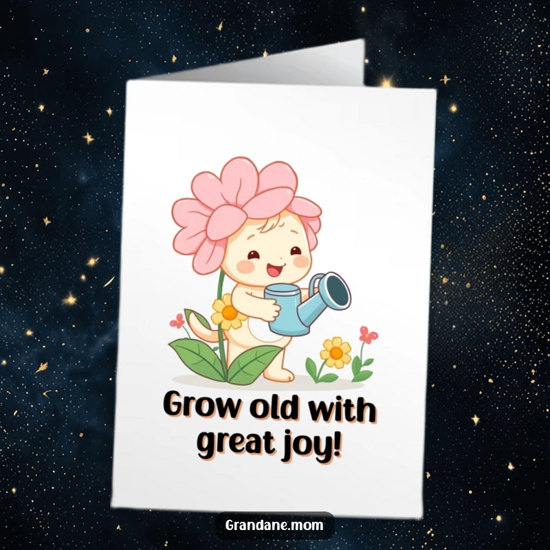 Funny Free Printable Birthday Card: Cheerful daniff with watering can tending a giant flower, spreading birthday joy.