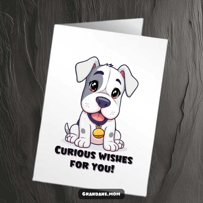 Funny Free Printable birthday card of a curious Grand Dane dog wearing a small tinkling bell, pondering birthday wishes.