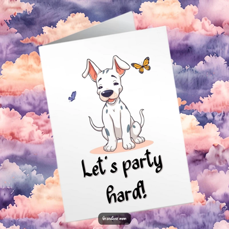 Funny Free Printable Grand Dane Birthday Card: Dog wiggling playfully, attempting to dance with a butterfly, downloadable joy.