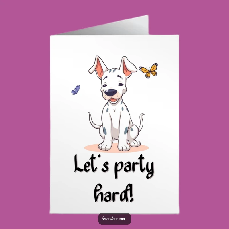 Free Printable Grand Dane Birthday Card: Dancing Dog, Butterfly Fun, Downloadable Celebration