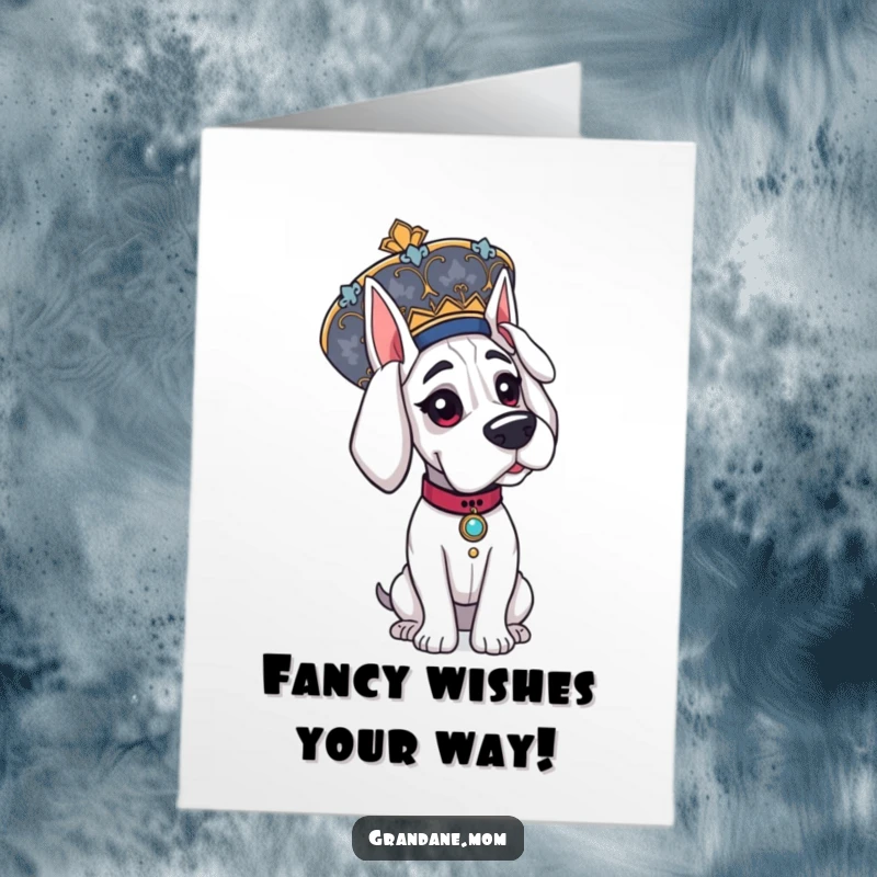 Funny Free Printable Grand Dane Birthday Card: Elegant dog wearing a large ornate hat, stylish downloadable greeting.