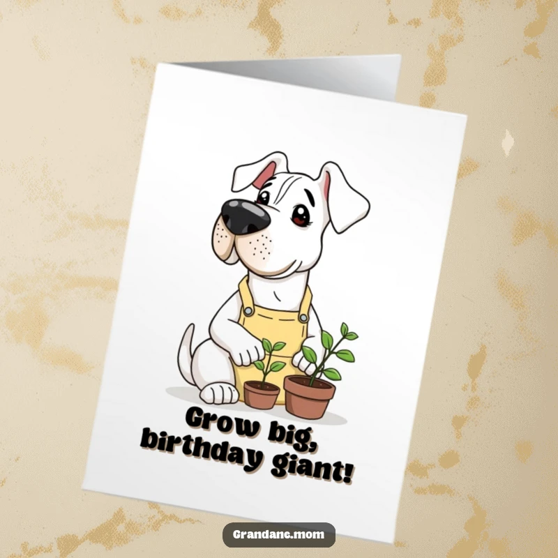 Funny Free Printable Birthday Card: A gentle Grand Dane in a gardening apron lovingly tends to a minuscule sprout, celebrating growth.