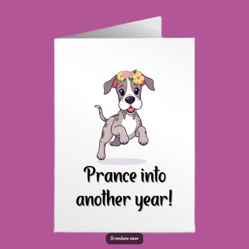 Free Printable Great Dane Flower Crown Birthday Card - Fun Downloadable Gift for Joyful Celebrations