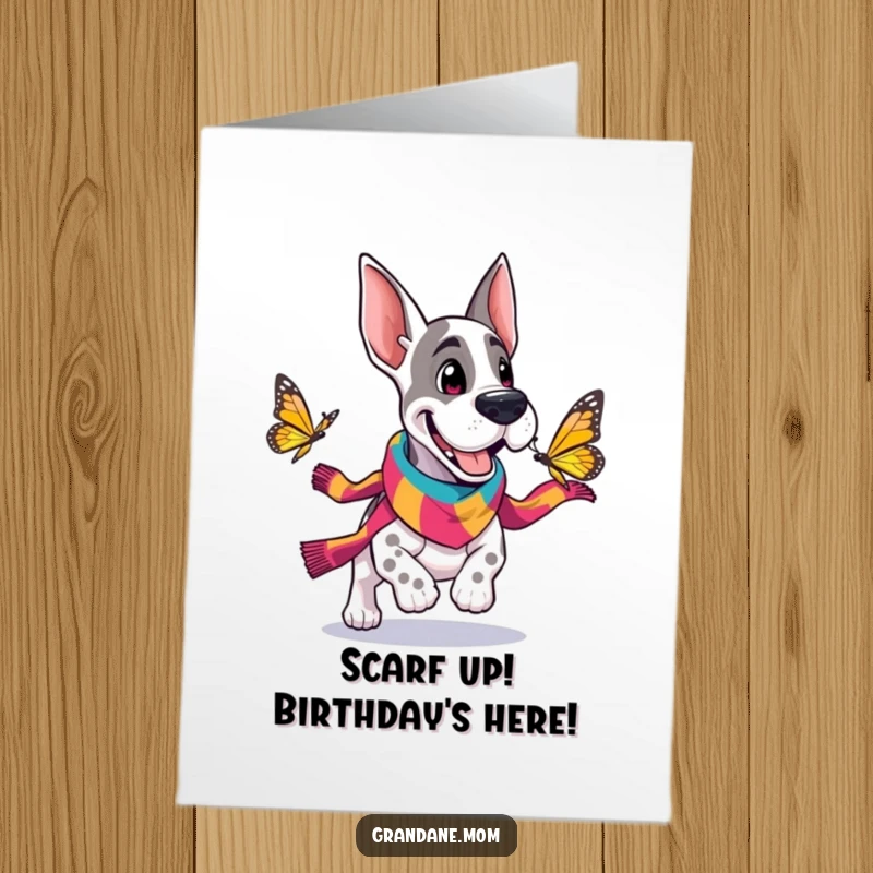 Funny Free Printable Grand Dane Birthday Card: Cheerful dog in scarf joyfully chasing a butterfly, perfect for greetings.