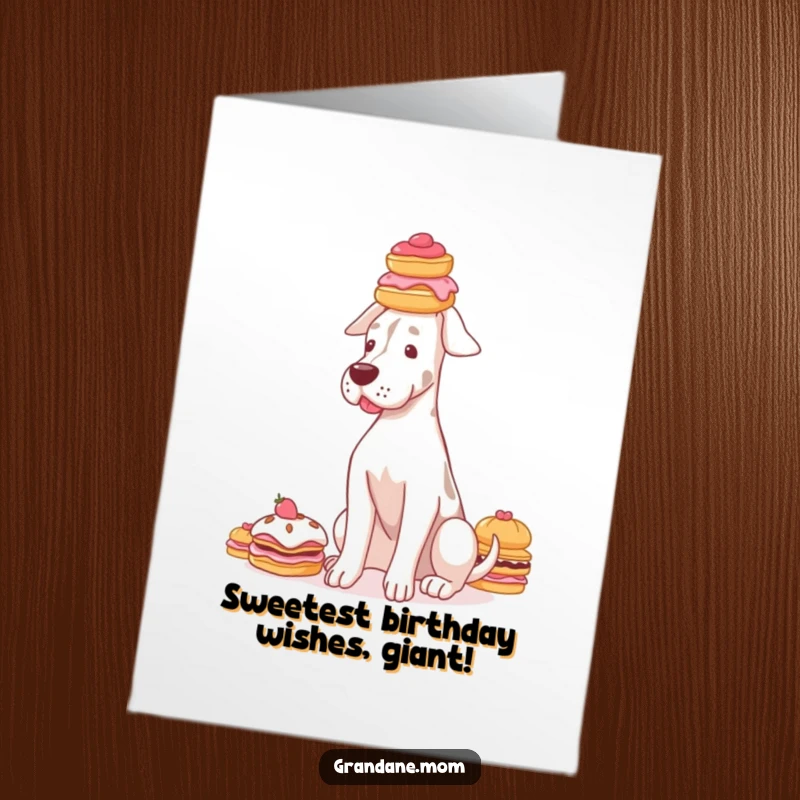 Funny free printable Grand Dane birthday card, a graceful dog balancing a tall stack of delicate pastries on its head, sweet celebration.