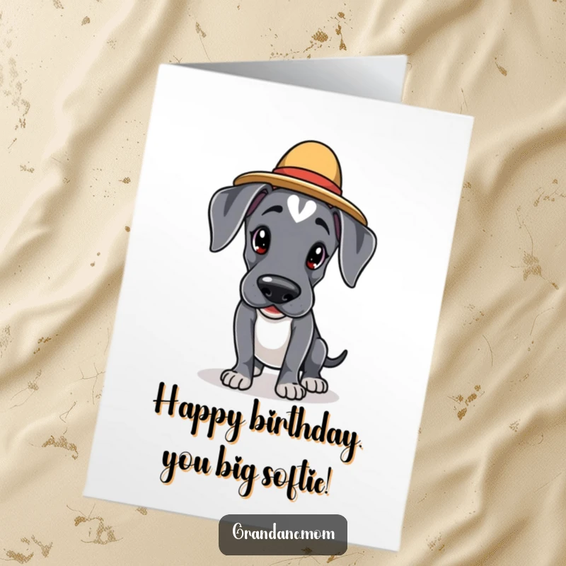 Funny Free Printable Birthday Card featuring a Kawaii Great Dane in an elegant hat, tiptoeing with birthday joy.