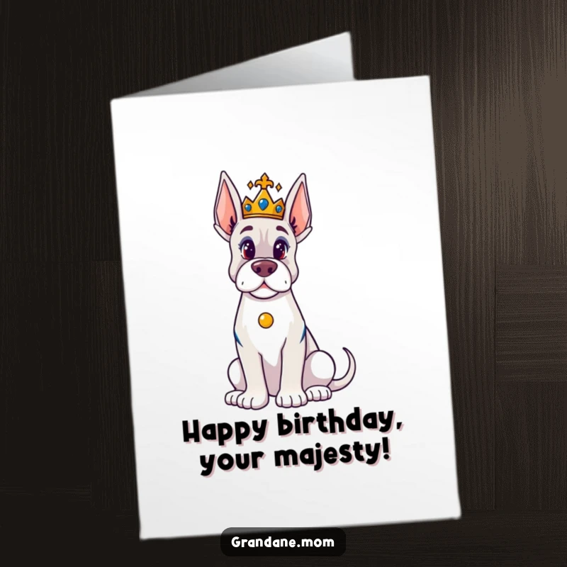 Funny Free Printable Birthday Card with a majestic Grand Dane dog wearing a tiny crown, ready to party.