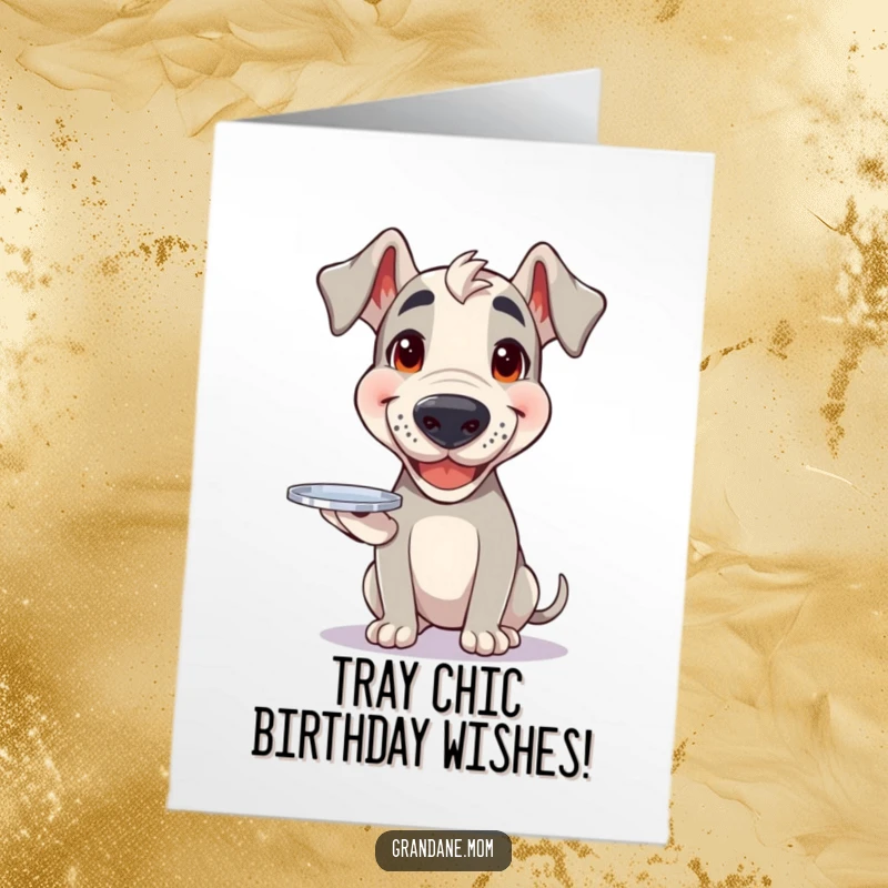 Funny free printable Grand Dane birthday card, a happy dog balancing a small, shiny silver tray, ready to serve joy.