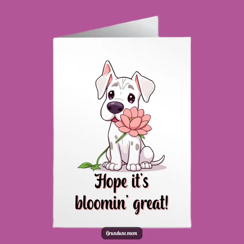 Free Printable Grand Dane Birthday Card: Gentle Dog, Flower Gift, Downloadable Sweetness