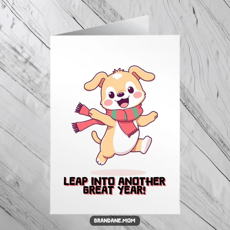 Funny Free Printable Birthday Card: Stylish daniff in a scarf leaping playfully, ready to celebrate with a laugh.