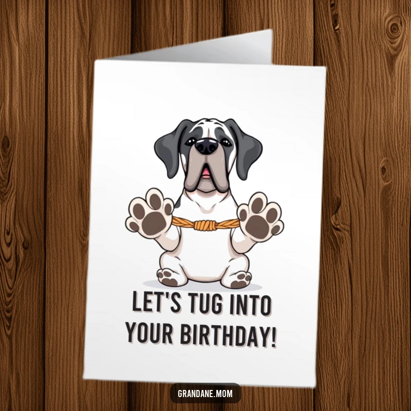 Funny Free Printable Birthday Card: A Grand Dane with paws forward is ready for a playful game of tug-of-war.
