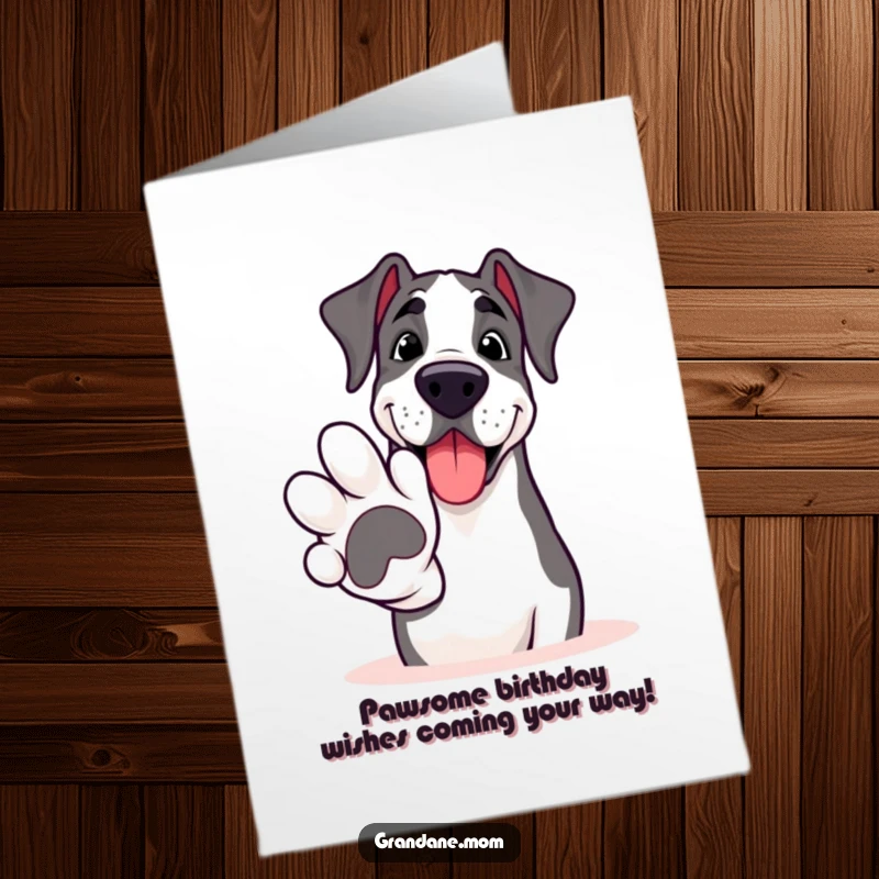 Funny Free Printable Birthday Card: Smiling Grand Dane offering a giant, friendly paw for a shake.