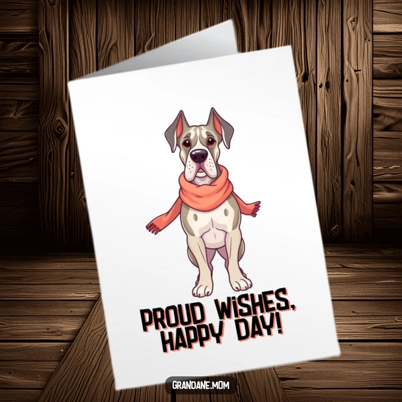 Funny Free Printable birthday card featuring a proud Grand Dane standing elegantly, wearing a tiny, chic scarf.