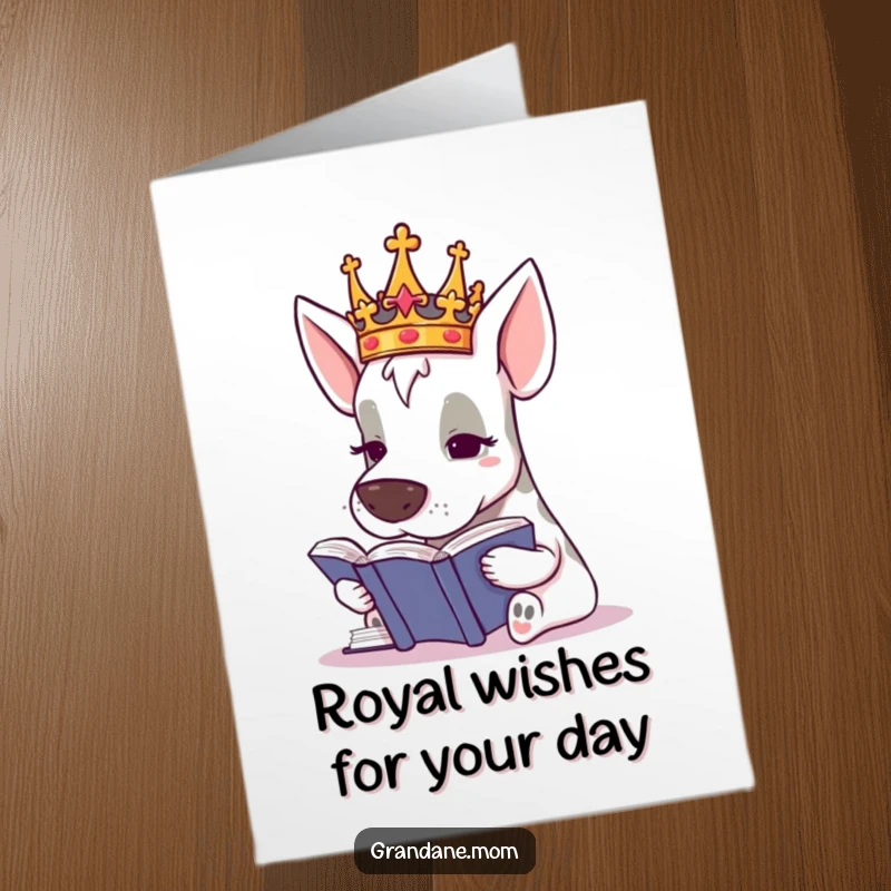 Funny Free Printable birthday card showing a Grand Dane dog wearing a tiny crown, deeply engrossed in studying a large book.