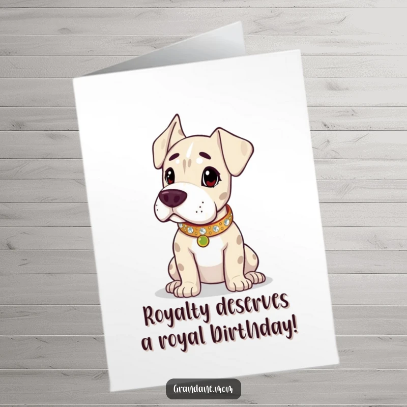 Funny Free Printable Birthday Card: Grand Dane in a sparkling collar looking regal and surveying its surroundings.