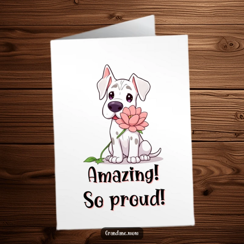 Funny Free Printable Grand Dane Congratulations Card: Gentle dog offering a large flower, downloadable message of success.