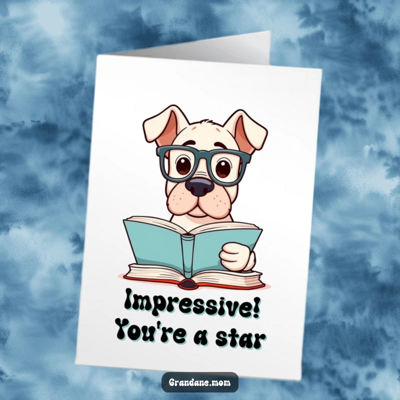 Funny Free Printable Congratulations Card: A Grand Dane with reading glasses focused intently on a book, signifying intellect.